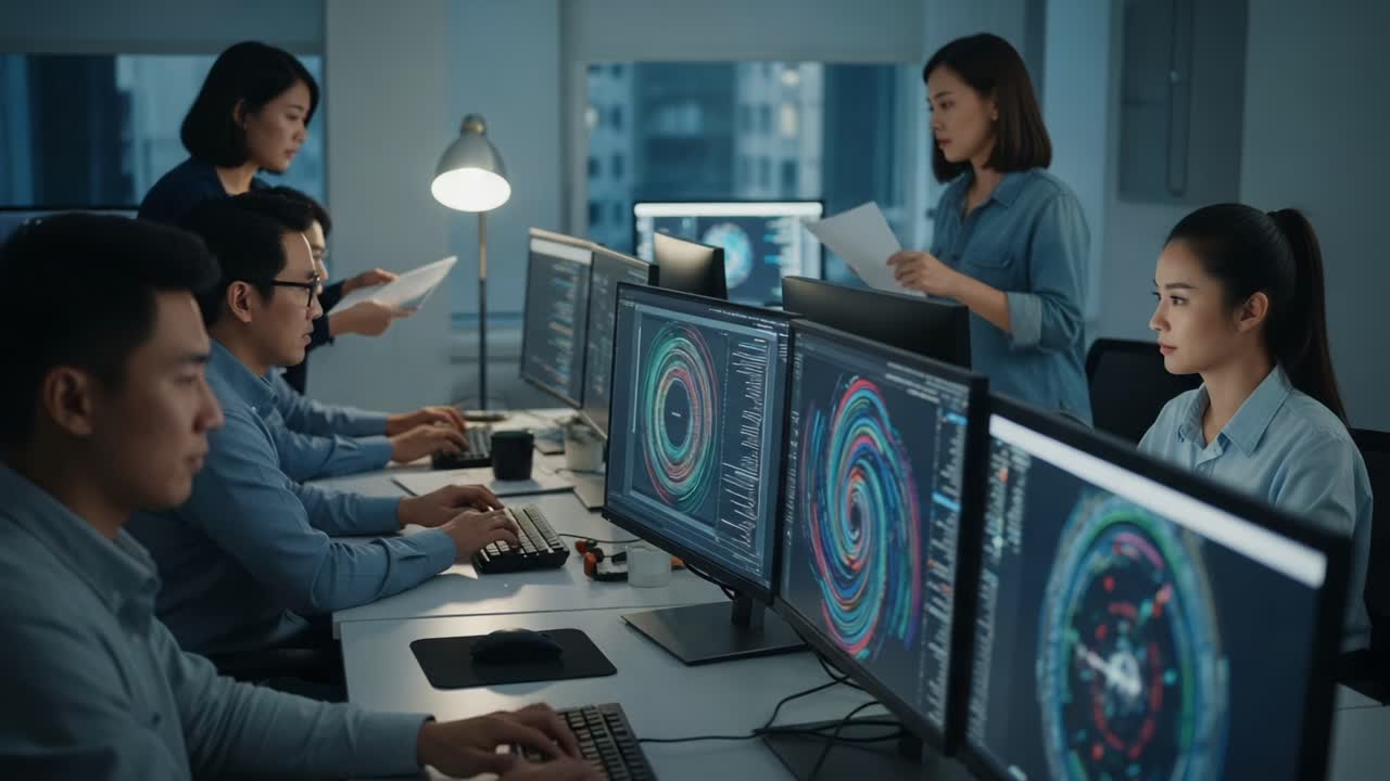 Collaborative Analysis in a High-Tech Workspace: Team Focused on Data Visualization and Strategic Decision-Making in a Modern Office Environment