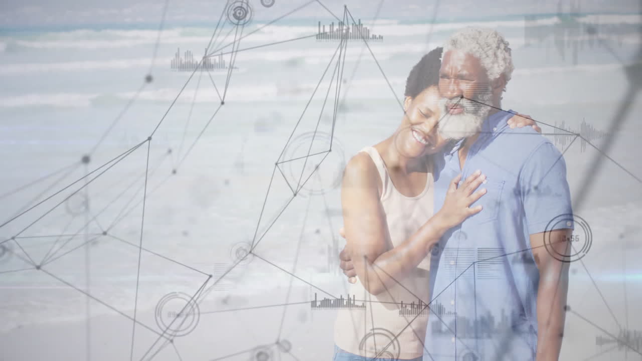 Couple leaning head on shoulder on beach, displaying finance line charts and network nodes