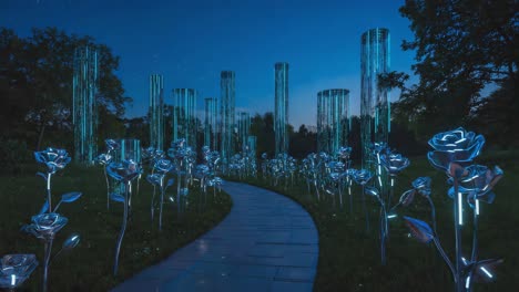 enchanted night garden: luminous roses and pillars along a path