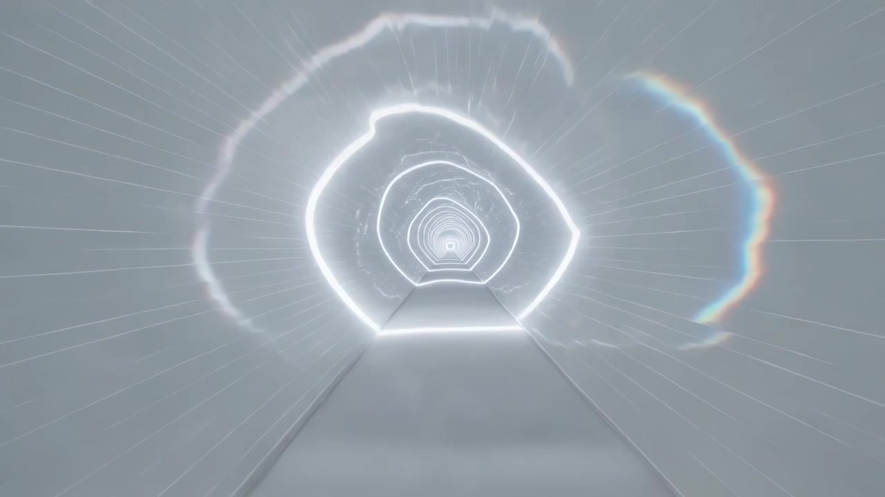 Expanding concentric rings forming arc pulling viewer through geometric tunnel, revealing walkway