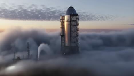 large rocket eclipsed by dense fog at sunrise