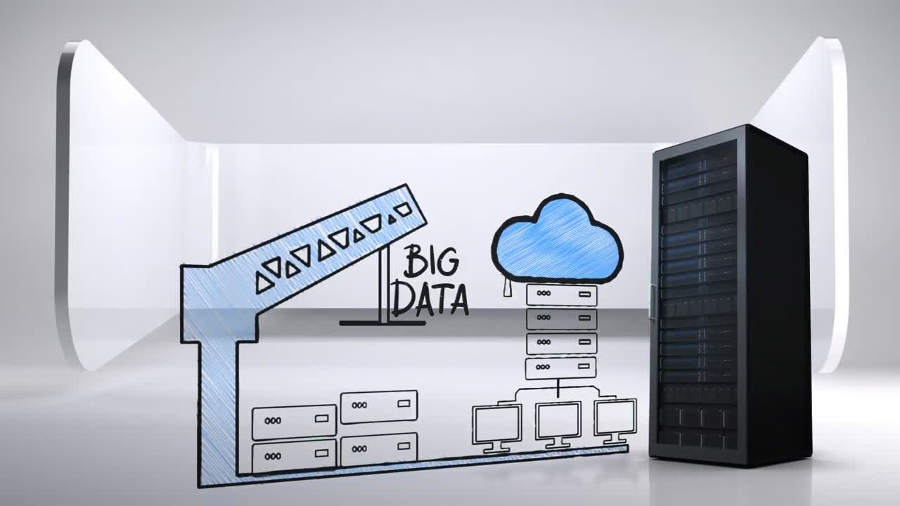 Real data server against draw of data server, crane and cloud