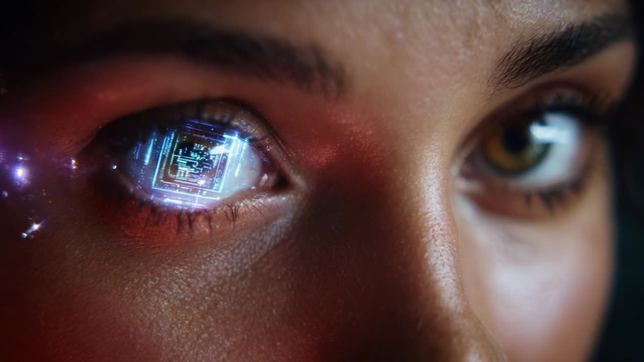 A close-up exploration of a futuristic eye, showcasing a digital interface reflected in the iris. The image blends technology and human emotion, emphasizing the connection between mankind and advanced innovations