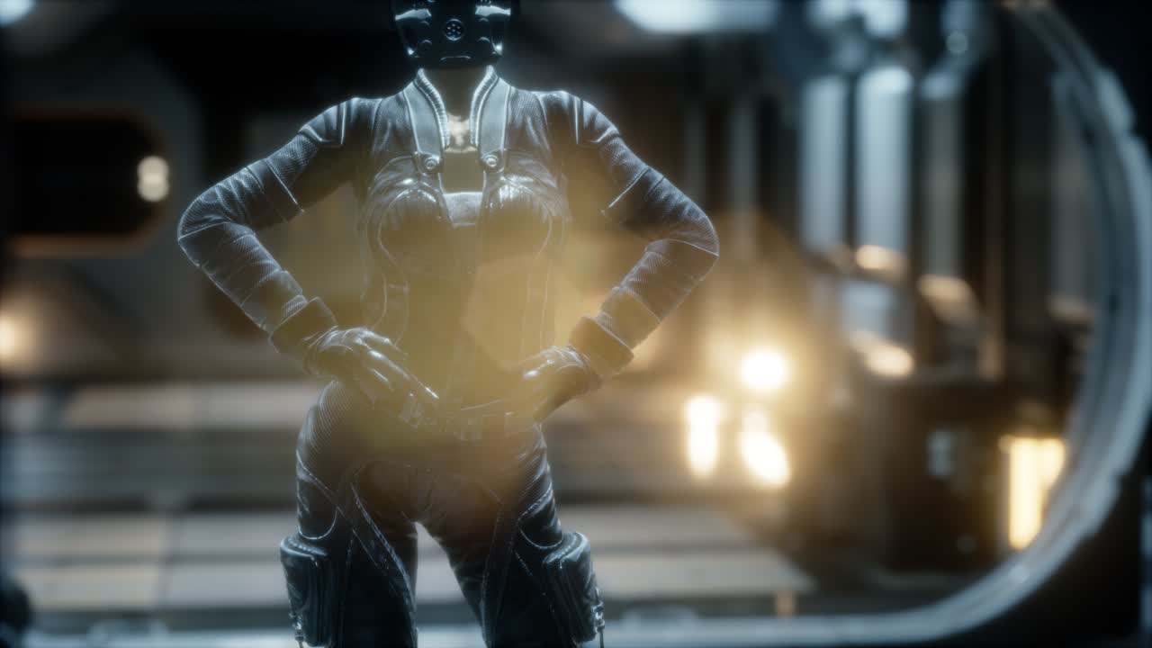 미래의 우주선에 있는 스팀 ⁇ 크 여성