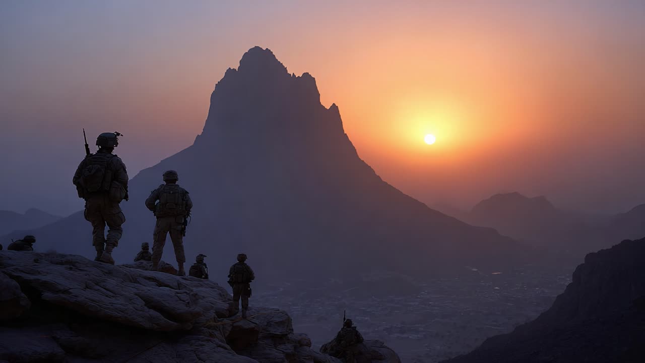 Soldati in piedi vigili contro una maestosa montagna al tramonto, che riflettono coraggio, cameratismo e la bellezza del mondo naturale in un paesaggio sereno.