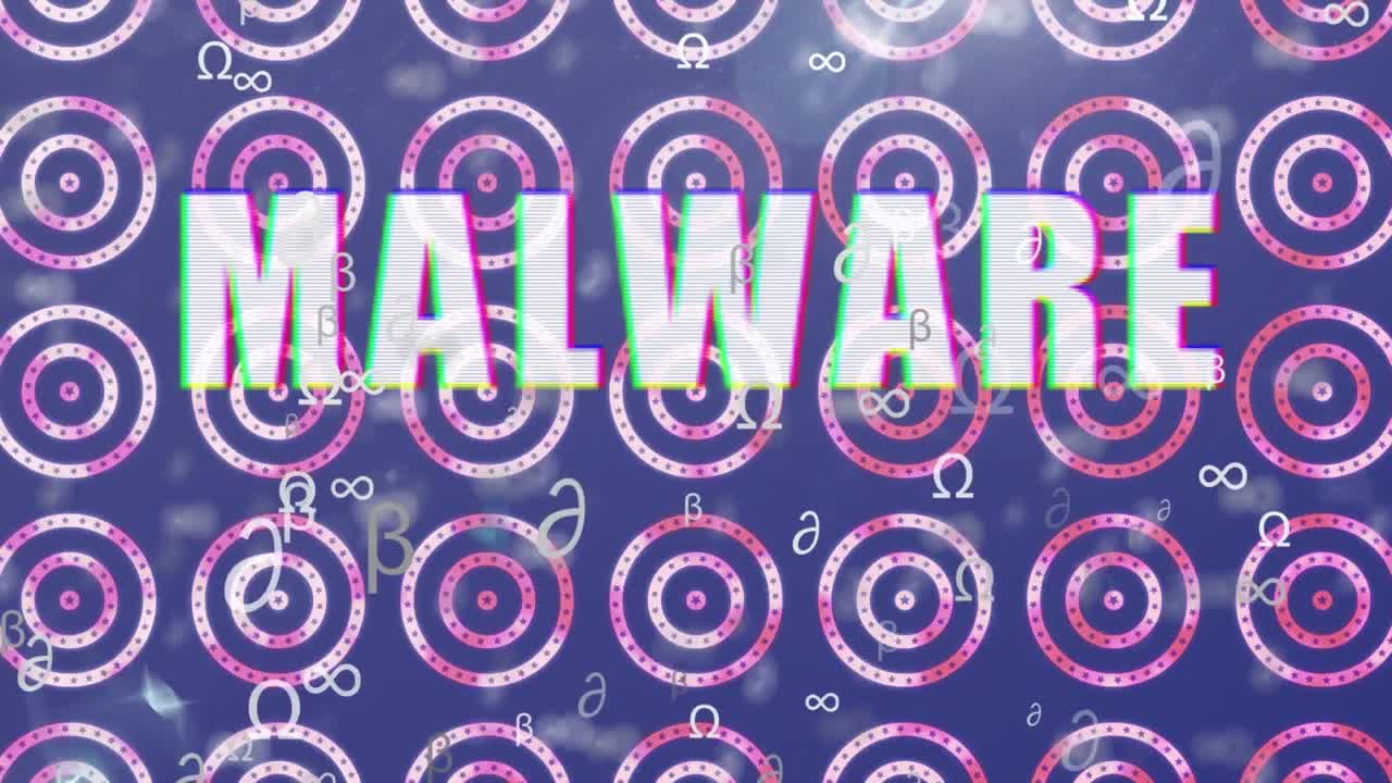 파란색 배경에 있는 원 위에 여러 개의 회전하는 별 위에 여러 개의 기호와 악성코드 텍스트