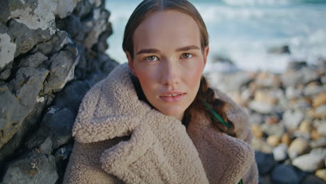 calm woman dreaming coast enjoying solitude at ocean. closeup peaceful girl