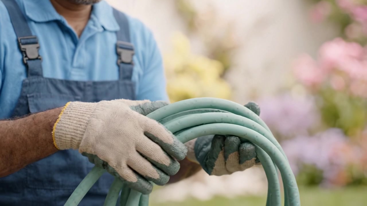 Gartner kveiler grønn vannslange i en levende blomsterhage under forberedelser til utendørs vanning og plantepleieaktiviteter i et rolig miljø.