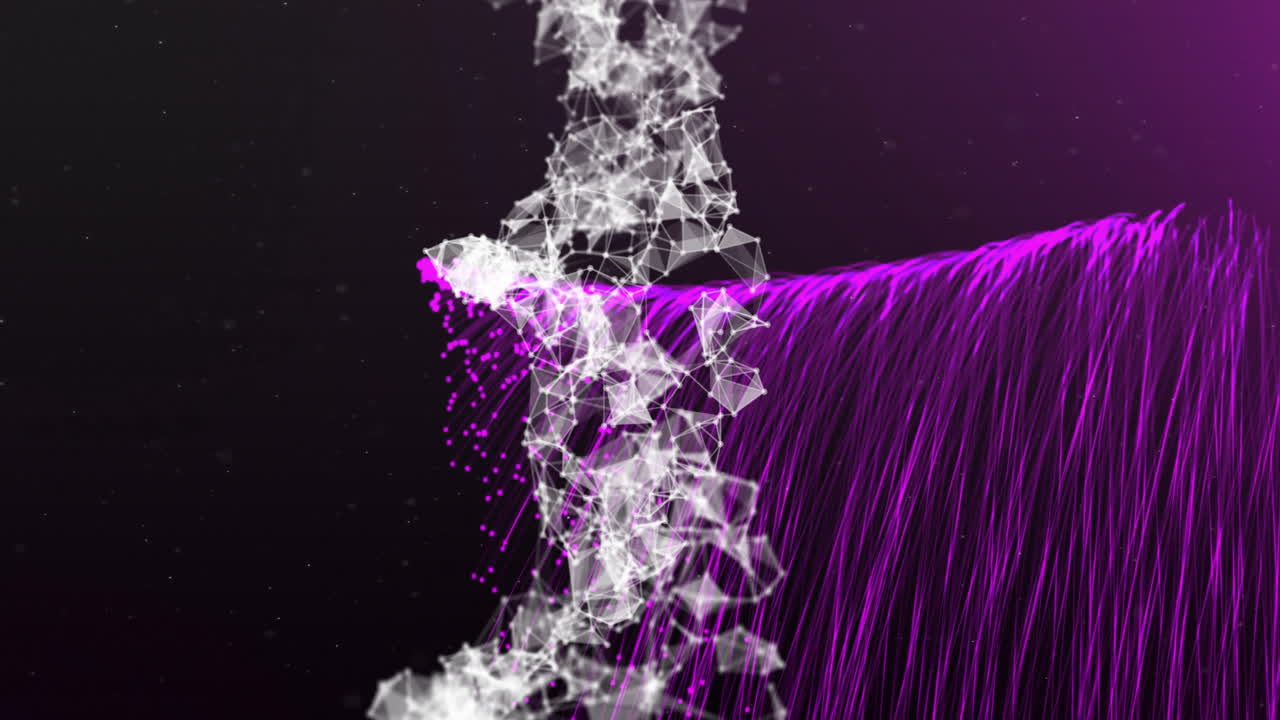 검은 바탕에 빛나는 보라색 빛의 흔적 위에 회전하는 dna 가닥의 애니메이션