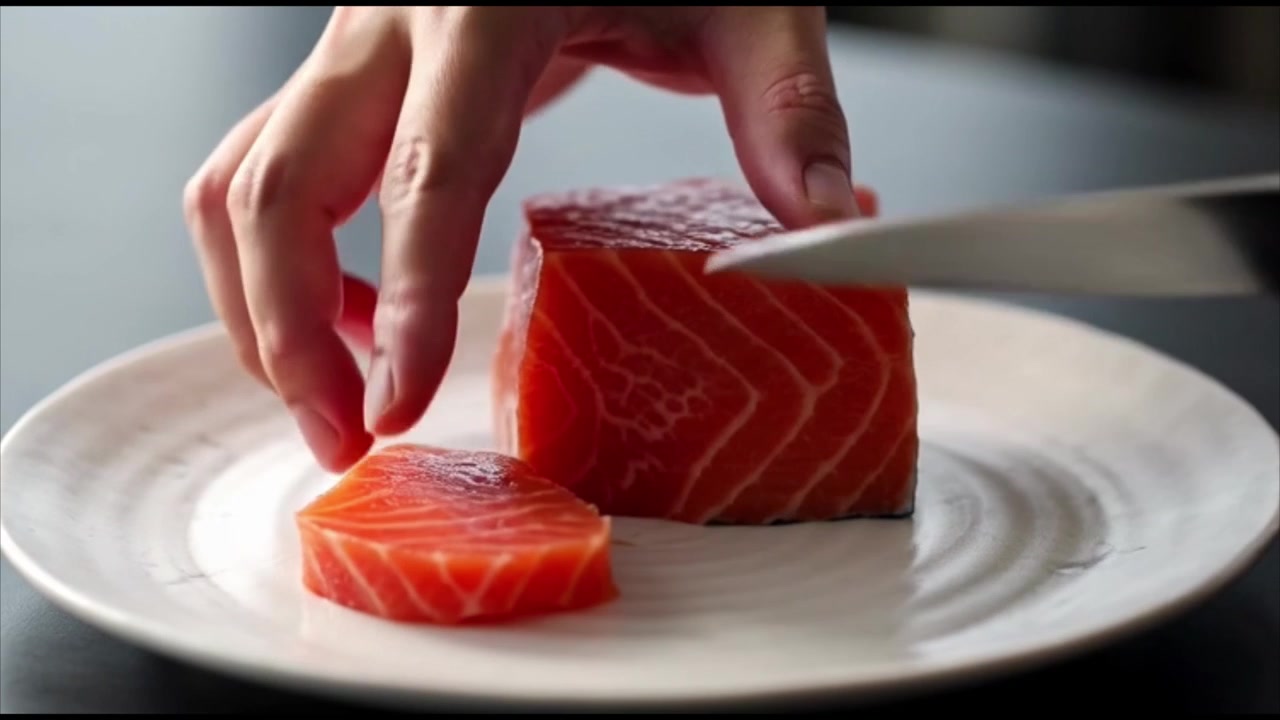 Chef che affetta un filetto di salmone fresco e crudo su un piatto