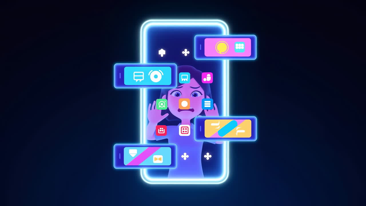 Neon Smartphone Avatar With Floating Notifications, Colorful App Cards And Icons Orbiting Screen, Animated