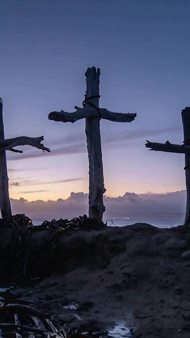 Video verticale: Inquadratura di tre croci di legno galleggiante, quella centrale in piedi sulla riva al tramonto.