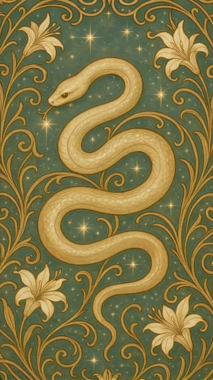 Illustrazione decorata di un serpente dorato intrecciato con gigli su uno sfondo color ottanio