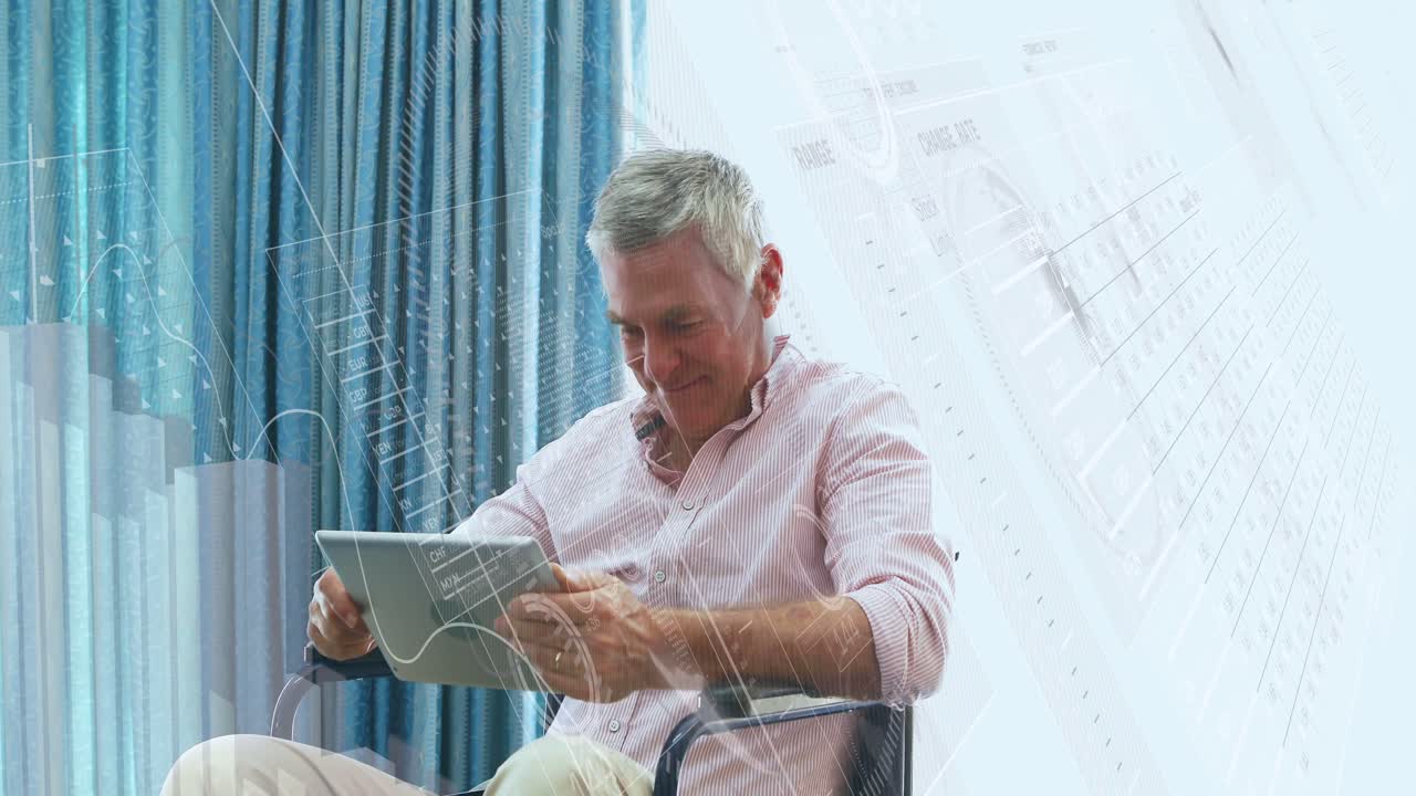 Vertical video: Raising tablet, man in pink shirt tapping in metal chair near blue drapes, smiling