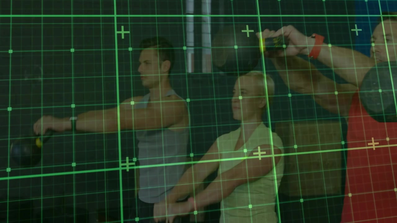 On coach cue, fitness class doing synced kettlebell cleans for strength as green grid shows motion