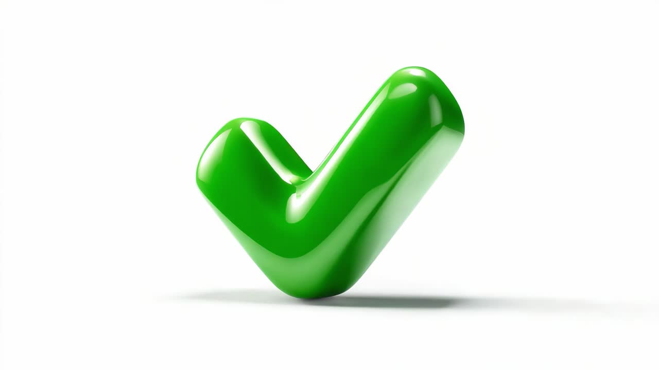 A visually striking three-dimensional green check mark symbolizing approval and confirmation, designed with a glossy finish to enhance its appeal and emphasize positivity and acceptance