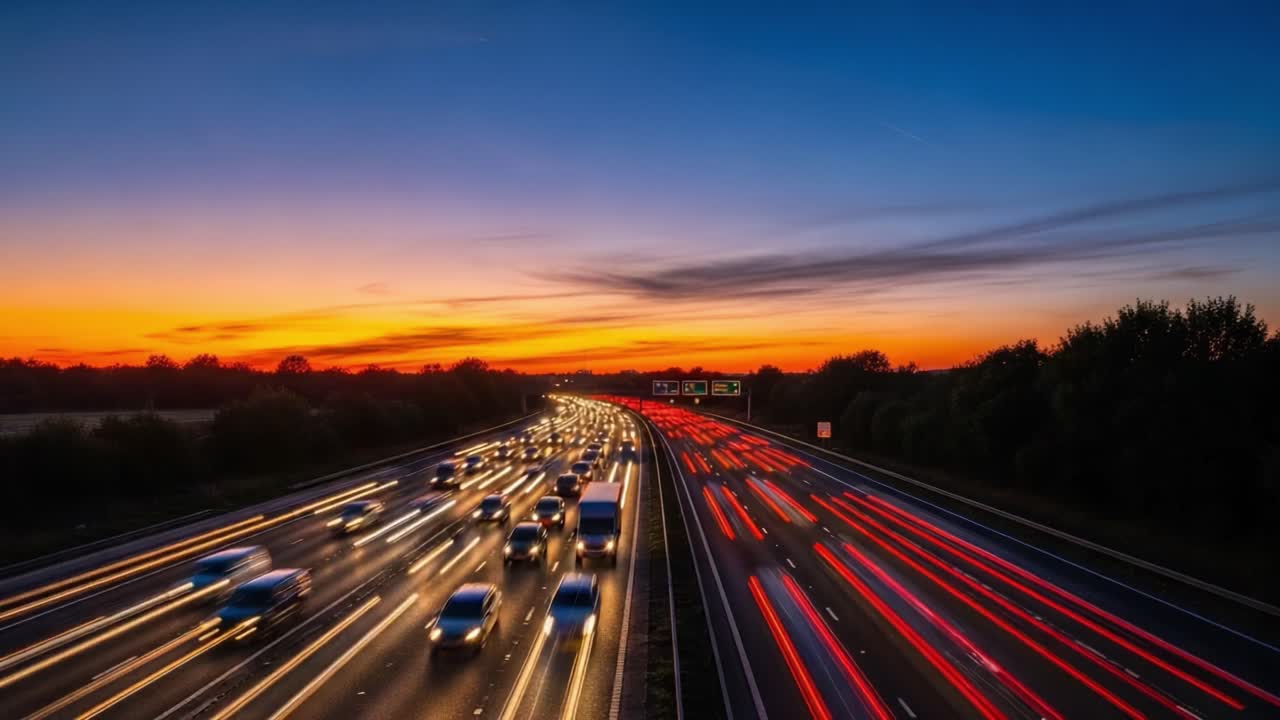 Long Exposure Light Trails on a Highway at Dusk