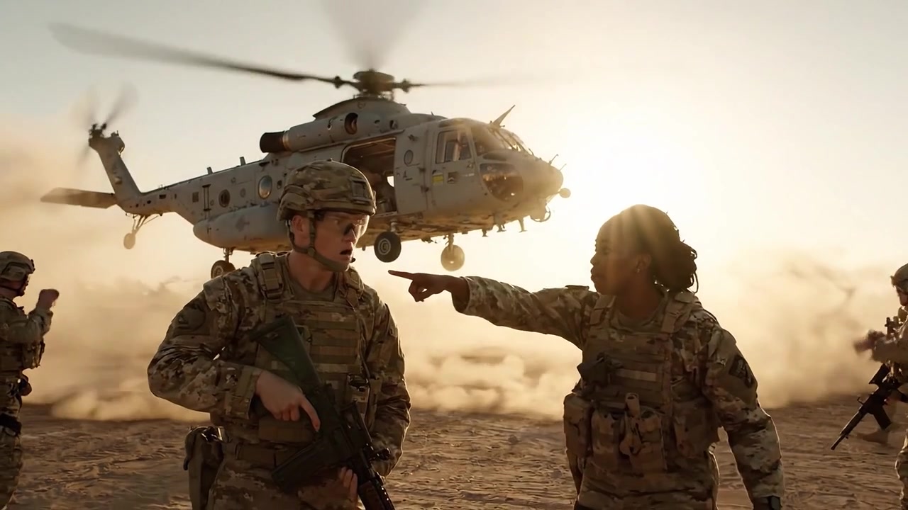 Soldati impegnati in operazioni tattiche mentre un elicottero decolla tra polvere e luce solare, raffigurando addestramento militare e prontezza al combattimento in azione.