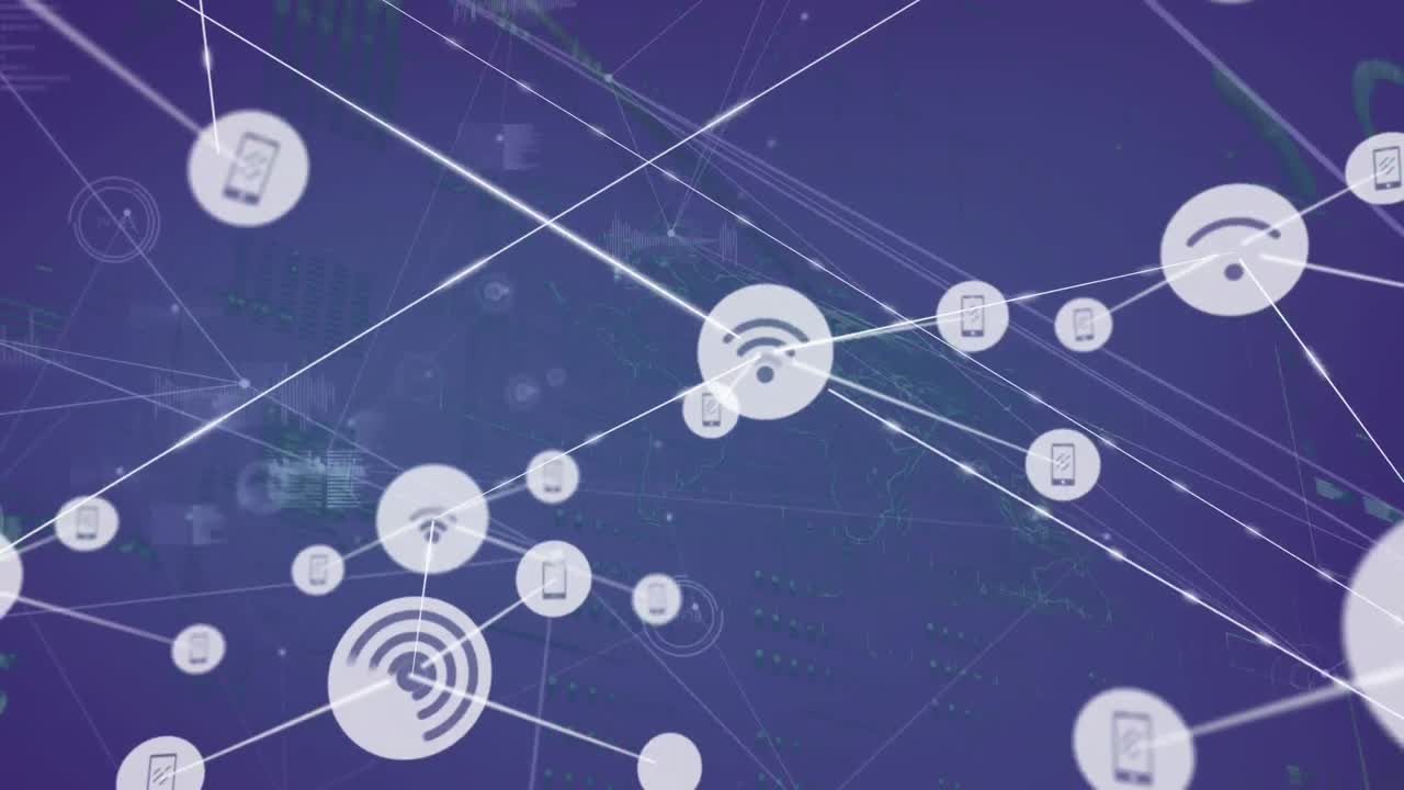 Animation of network of icons, microprocessor connections and data processing on blue background