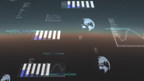 animación del procesamiento de datos, giro de globos y registro de estadísticas en un fondo de gradiente