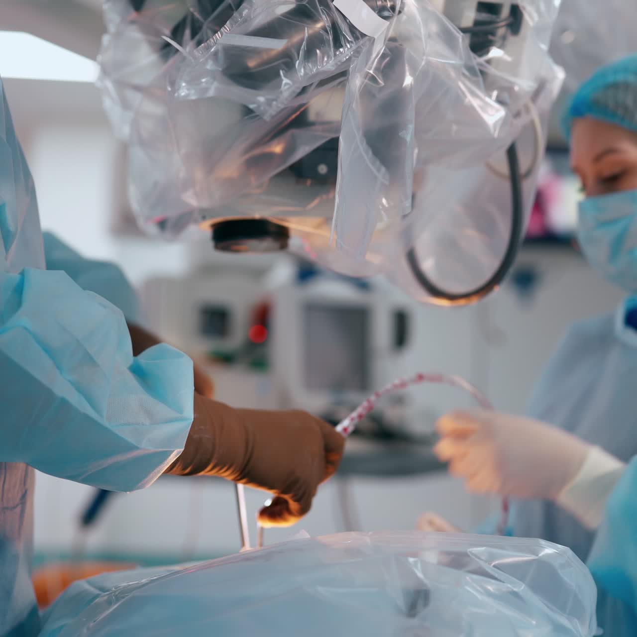 Surgeons work with operating microscope. Doctor and assistant use modern medical equipment in the operating room in hospital.