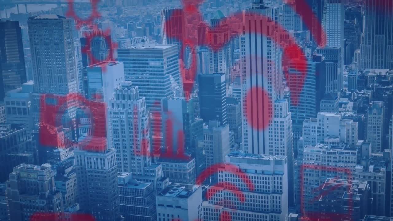 여러 디지털 아이콘이 도시 풍경의 공중 전망에 대해 떠다니는 애니메이션