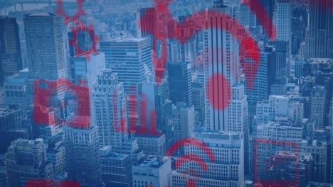 Animation-of-multiple-digital-icons-floating-against-aerial-view-of-cityscape