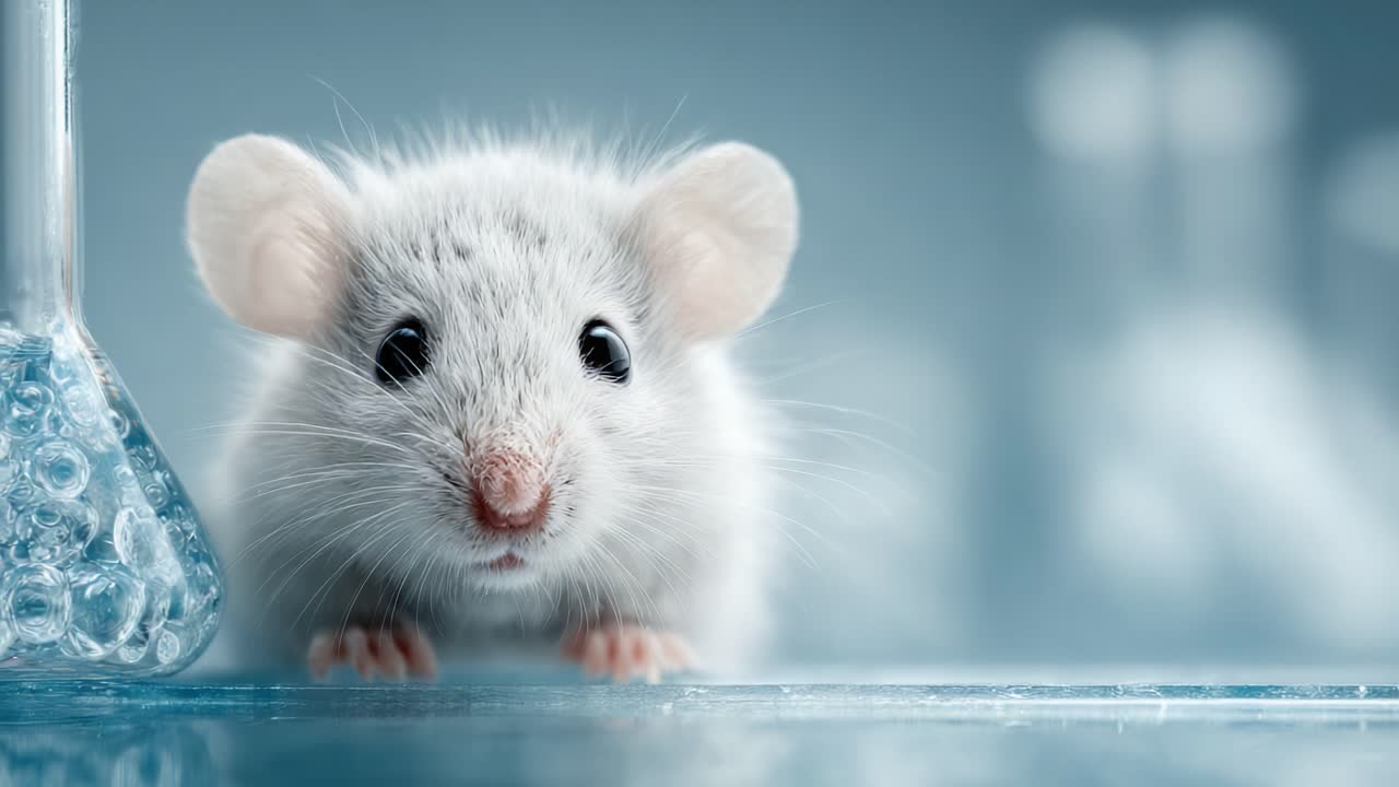 Primo piano di un topo da laboratorio bianco che esamina incuriosito attrezzature scientifiche in un ambiente controllato