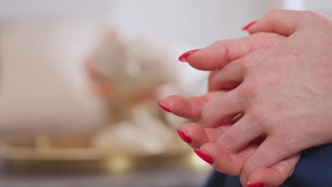 Close up of therapist red manicured hands gently clasped in foreground while soft blurred background shows subtle figure movement during therapy session, creating a calm and observant atmosphere