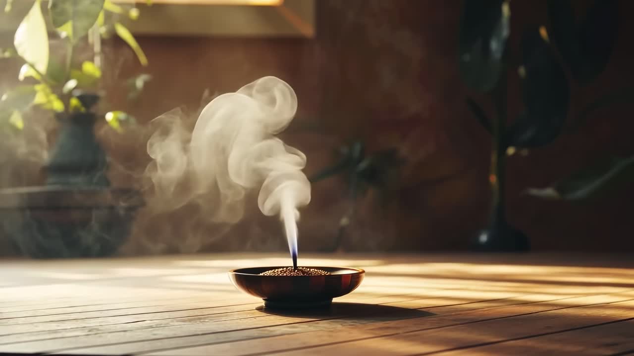Aromatic incense smoke curls upward in soft focus, captured from a low angle