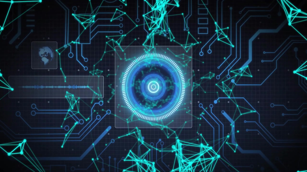 At start glowing cyan nodes drifting and linking into mesh forming rotating HUD rings scanning data