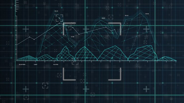 Animation of science data processing over dark background