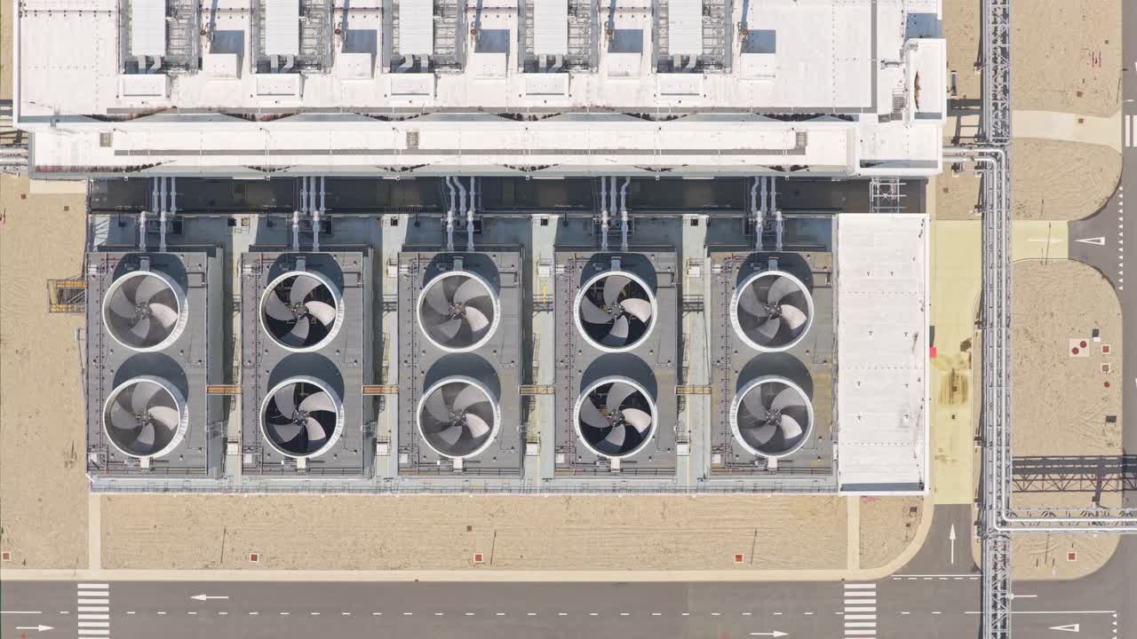 Rooftop cooling fans on modern digital data center, Eemshaven, Netherlands