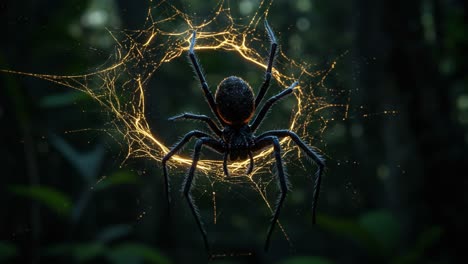 a mysterious spider emanating a glowing aura from its web in a dark forest setting, capturing the intrigue of nature's predators and their environments