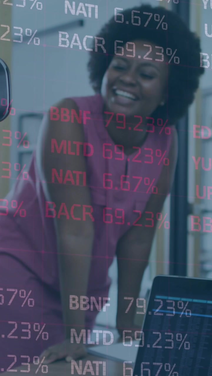 Animation of stock market data processing over two diverse women wearing vr headset at office