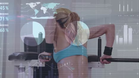 Animation-Des-Netzwerks-Von-Verbindungen-Und-Datenverarbeitung-über-Einer-Fitten-Frau,-Die-Im-Fitnessstudio-Trainiert