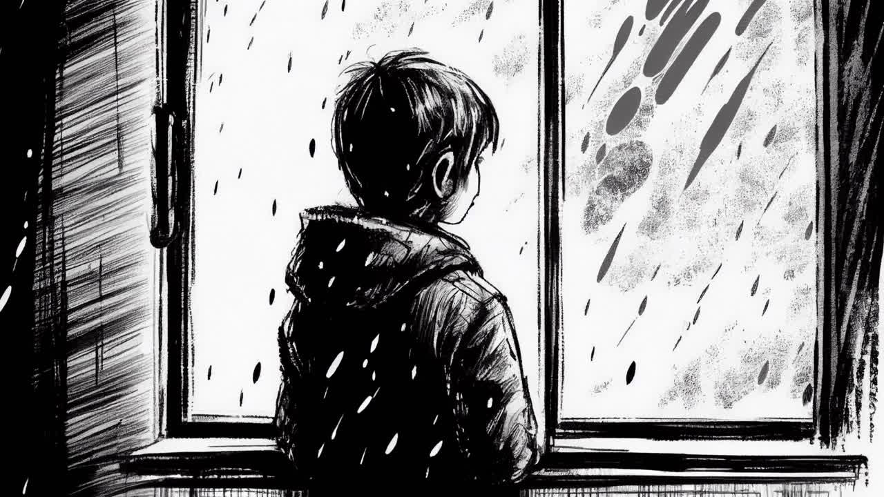 Animation of lonely child standing in front of window and looking ...