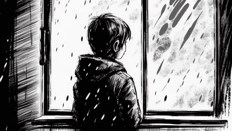 animación de un niño solitario de pie frente a la ventana y mirando hacia afuera mientras llueve
