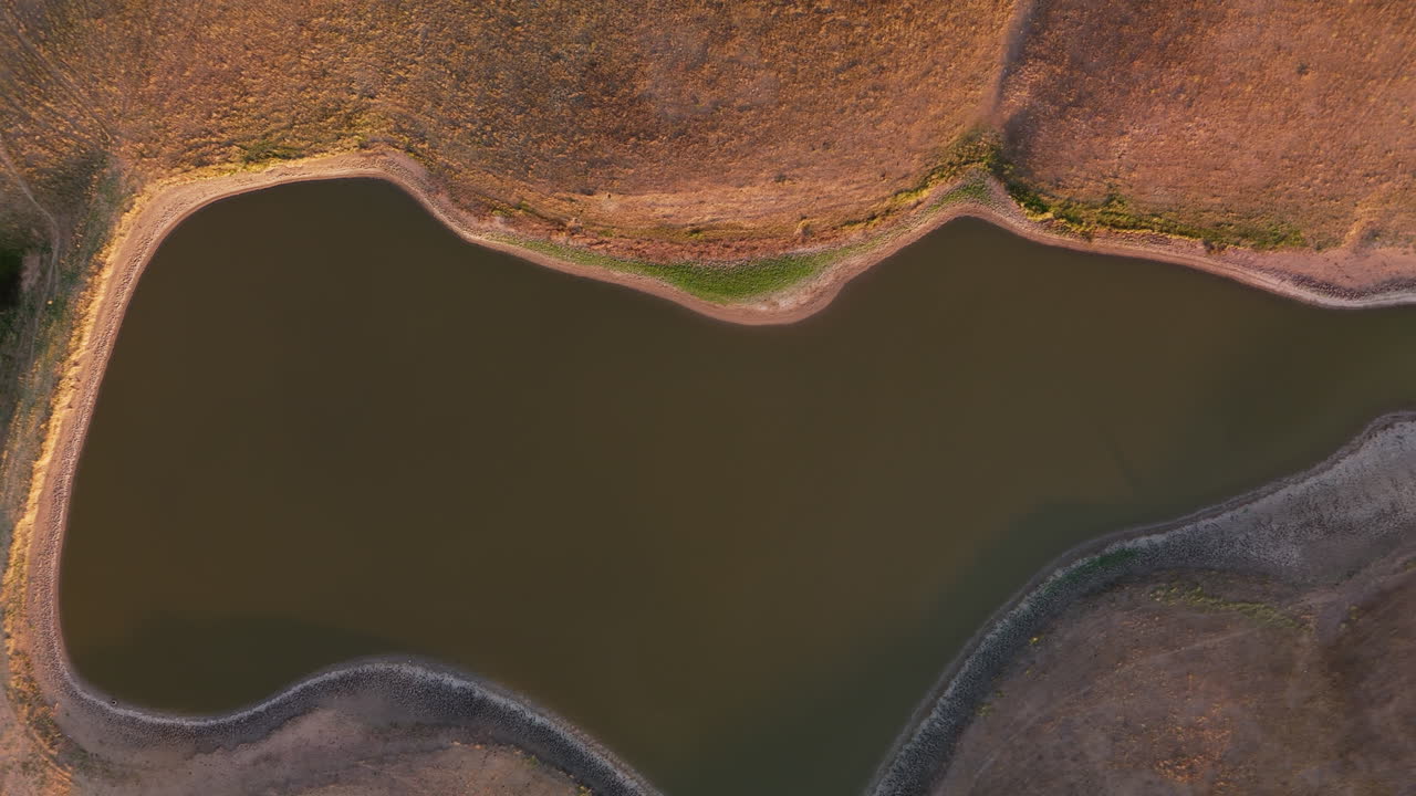 Aerial View of a Serene Pond in a Dry Field