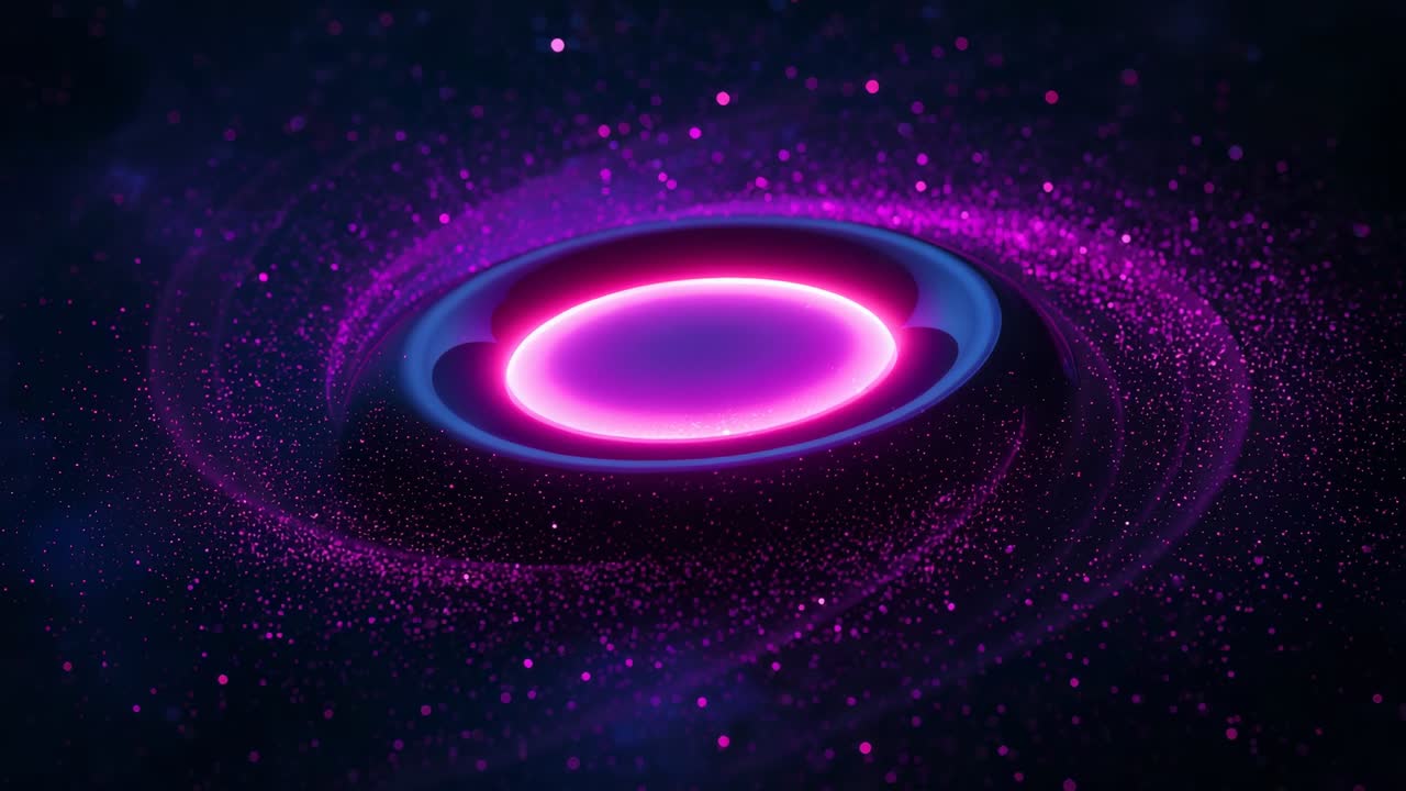 Floating glowing pink oval core driving neon purple particles circling dark void, forming ring