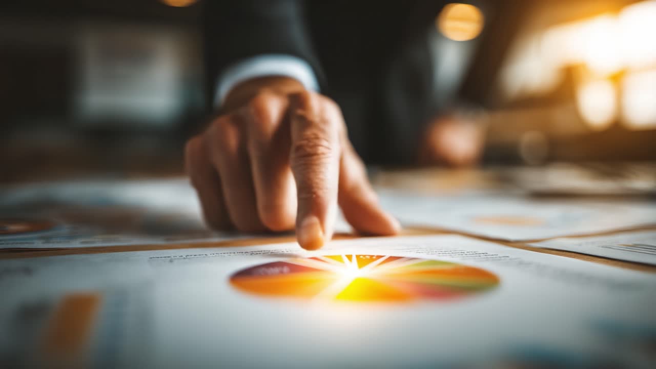 A Business Professional Analyzing Data Trends with a Colorful Pie Chart Presentation, Emphasizing Important Insights Through Direct Interaction