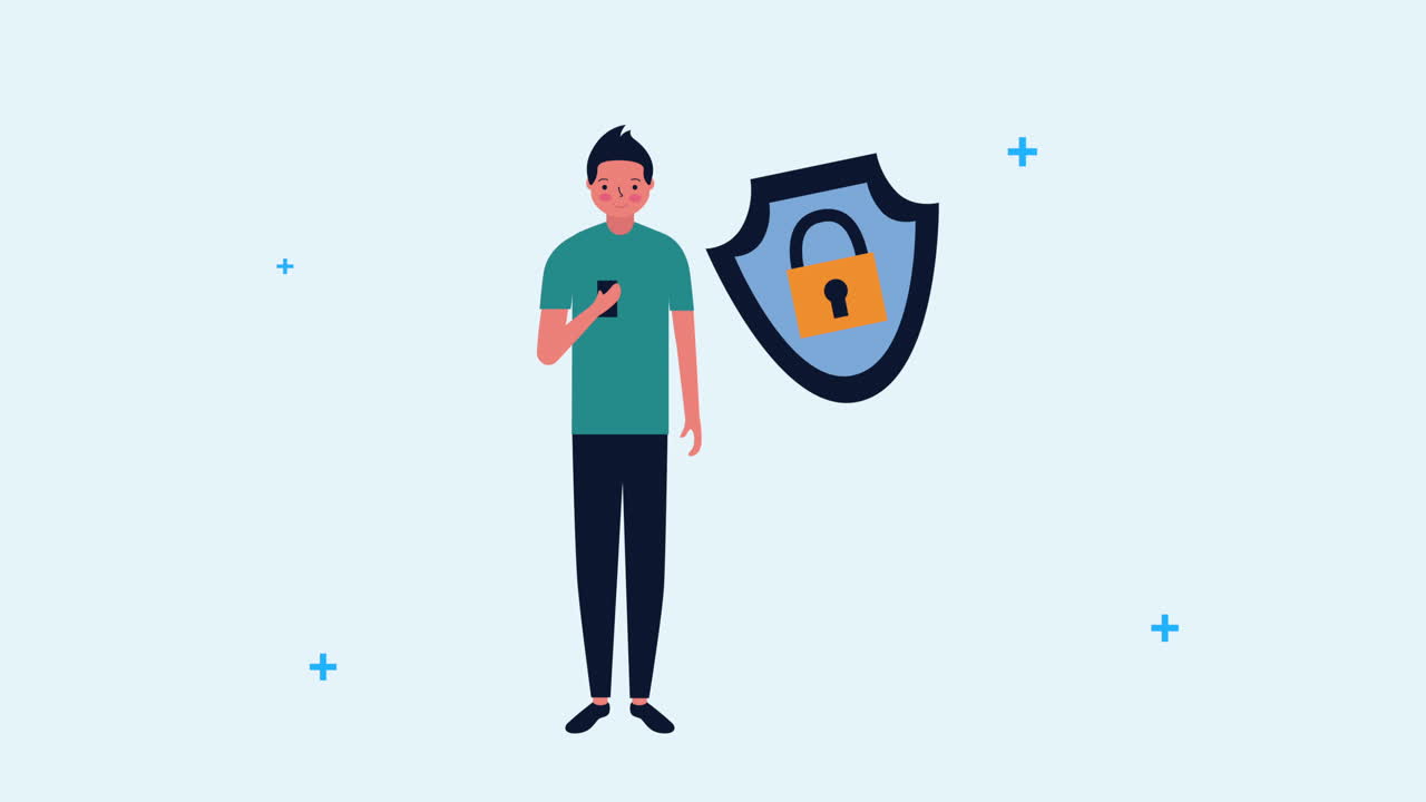 joven empresario usando un teléfono inteligente con un escudo