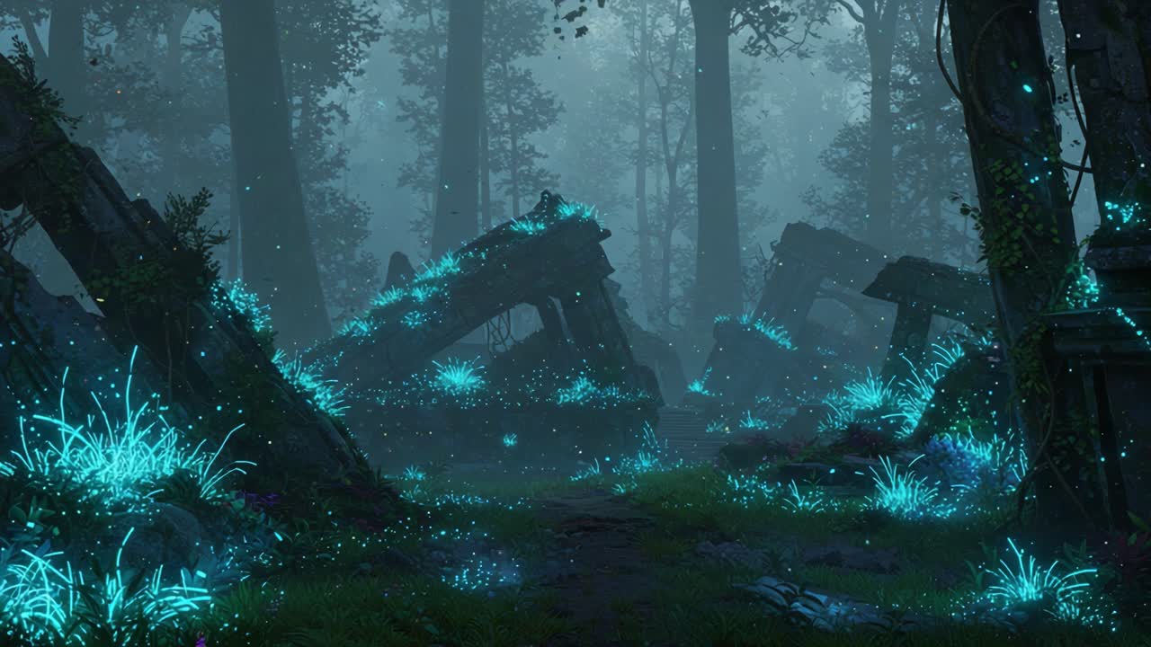 Discover the Enchanted Realm of Bioluminescent Flora Amidst the Ruins of a Mysterious Forest, Where Nature Reclaims Its Space with Glowing Life and Serenity