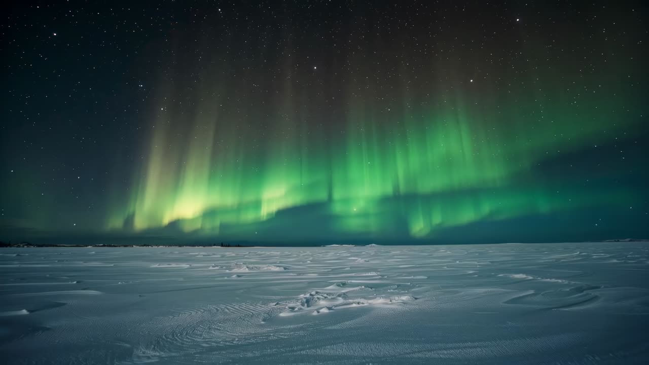 Inquadrature in avanzamento che mostrano l'aurora che si alza sopra una pianura innevata formando una fascia verde-magenta e un'ombra debole