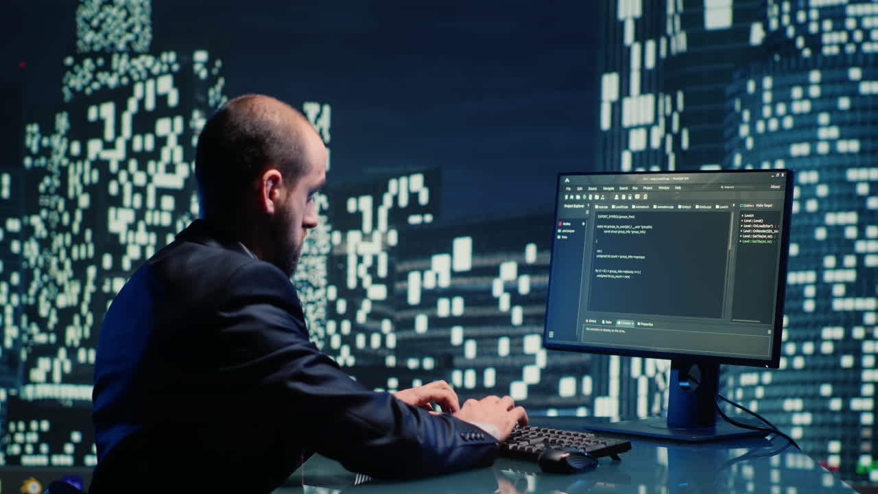 Man coding at night in office