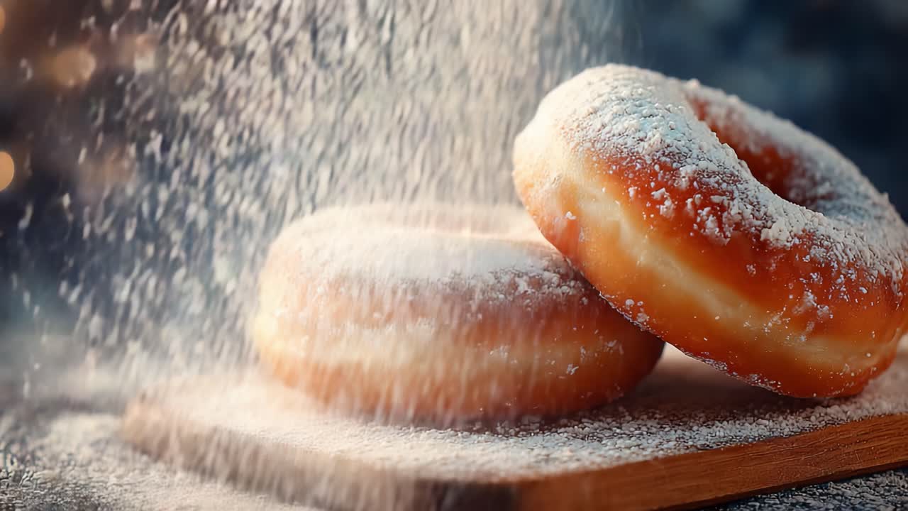 Köstlich süße Donuts mit Puderzucker: Die verlockende Essenz unwiderstehlicher Backwaren in stilvoller Umgebung.