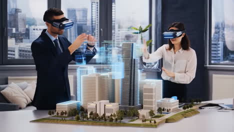 architects and urban planners using vr headsets to review a holographic city model