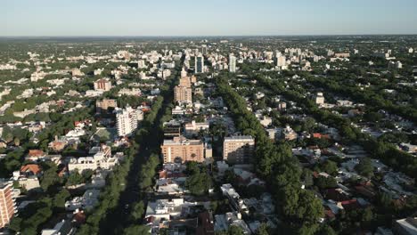 Mendoza-Argentina-Aerial-Drone-Fly-Above-City-Center,-Green-Urban-Landscape-of-Famous-Andean-Cordillera-Vineyard-Town