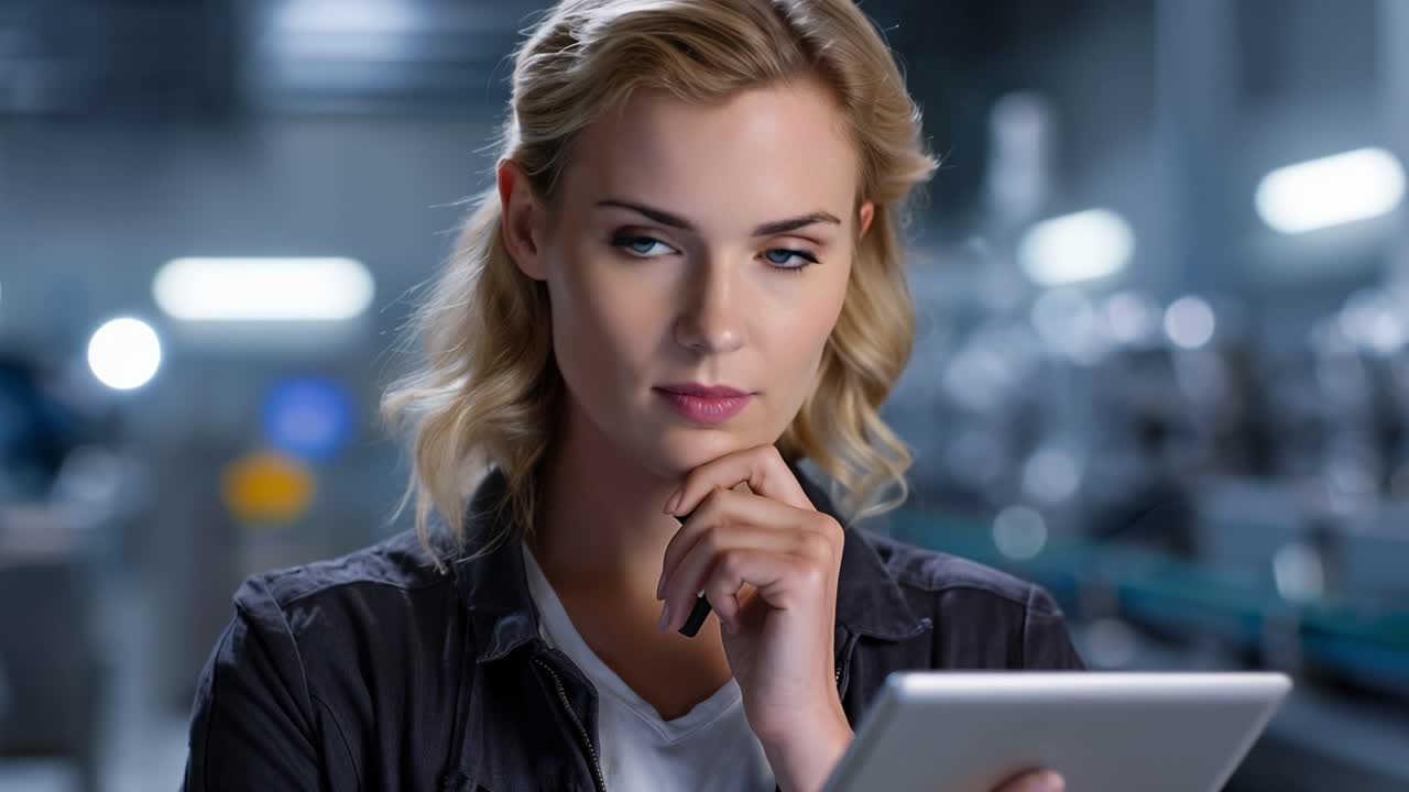 Blonde woman holds tablet, focused, thoughtful. She taps screen, eyes attentive, lips slightly parted. She smiles softly, appearing satisfied or pleased. Ideal for business, education
