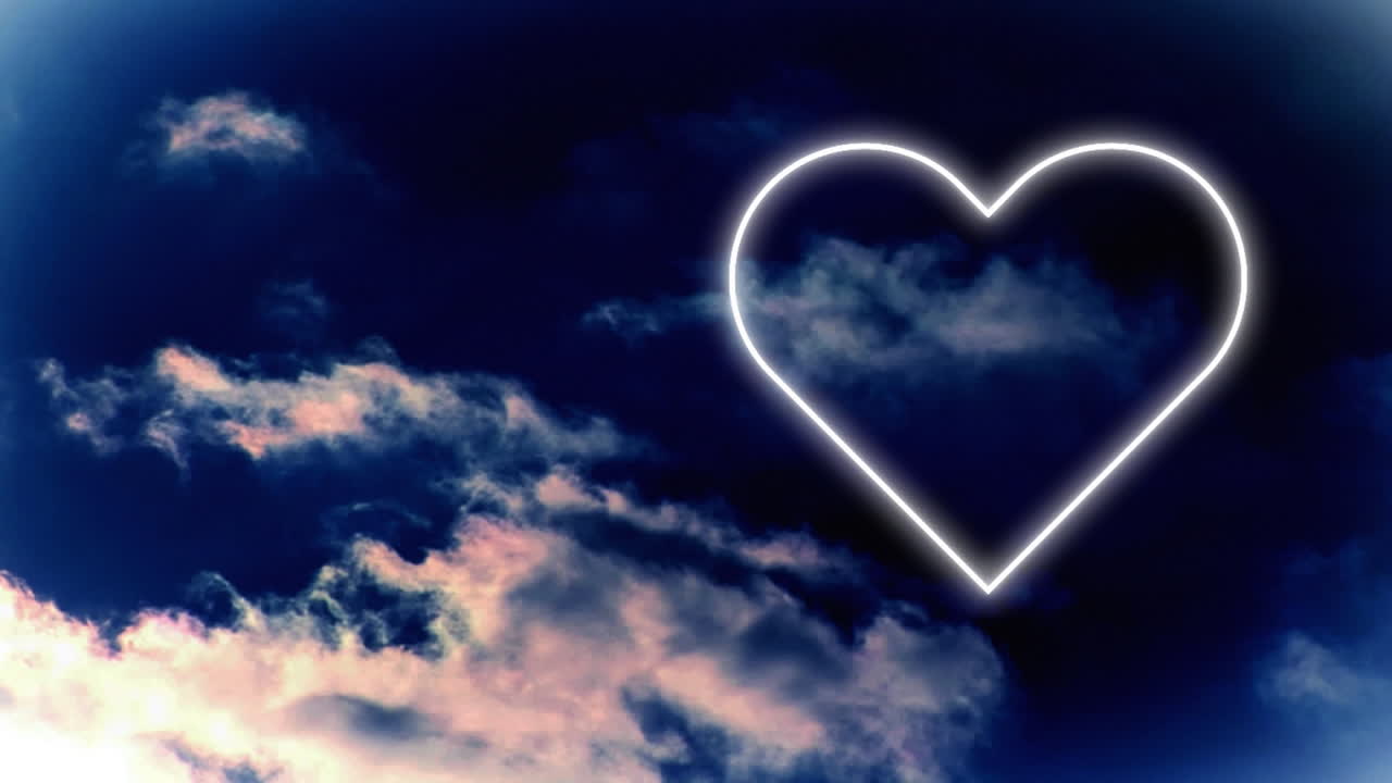 animación de un corazón de neón blanco parpadeando en un cielo azul nublado